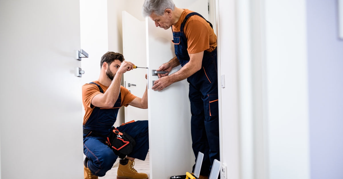 Two locksmiths dressed in overalls and work boots use special tools to fix a lock on someone’s door.