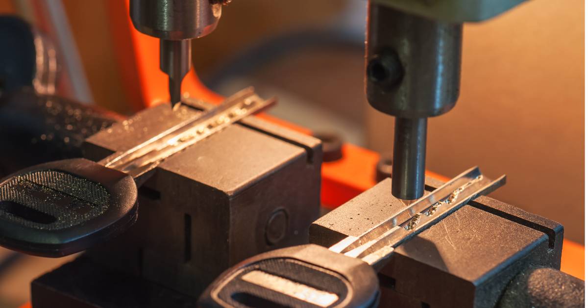 Closeup of two keys sitting inside a key cutting machine as the components cut teeth into the blades of the keys.