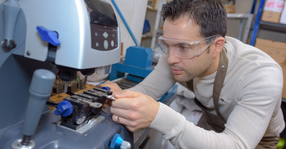 A man wearing safety goggles and an apron sliding a key into place within a key cutting and duplicating machine.