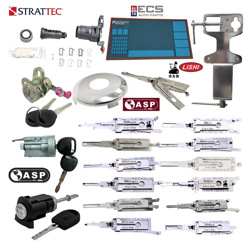 Automotive Original Lishi Starter Pack with Free Pinning Mat and Training Vice Grip - Bundle of 13 Lishis and Cylinders