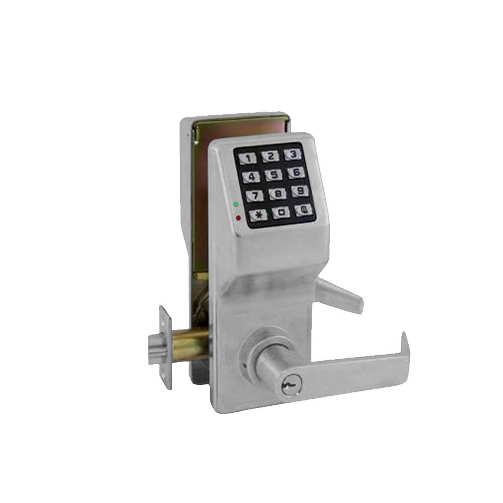 Alarm Lock - DL5300-US26D - Double Sided Trilogy Push Button Cylindrical Door Lock - PIN-Code Access Digital Cylindrical - Weatherproof - Straight Lever - Satin Chrome (US26D)