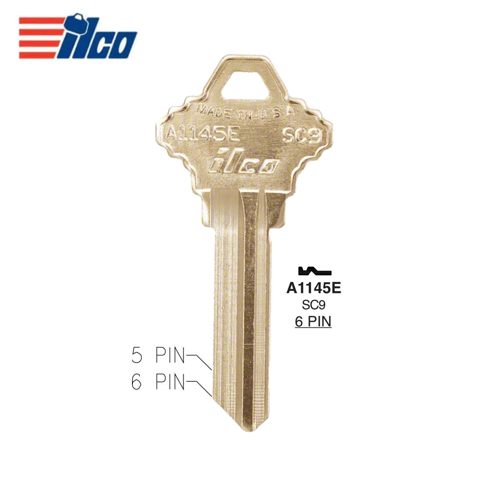 A1145E 6-Pin Schlage Key Blank - Brass - SLG-5E / SC9 BR