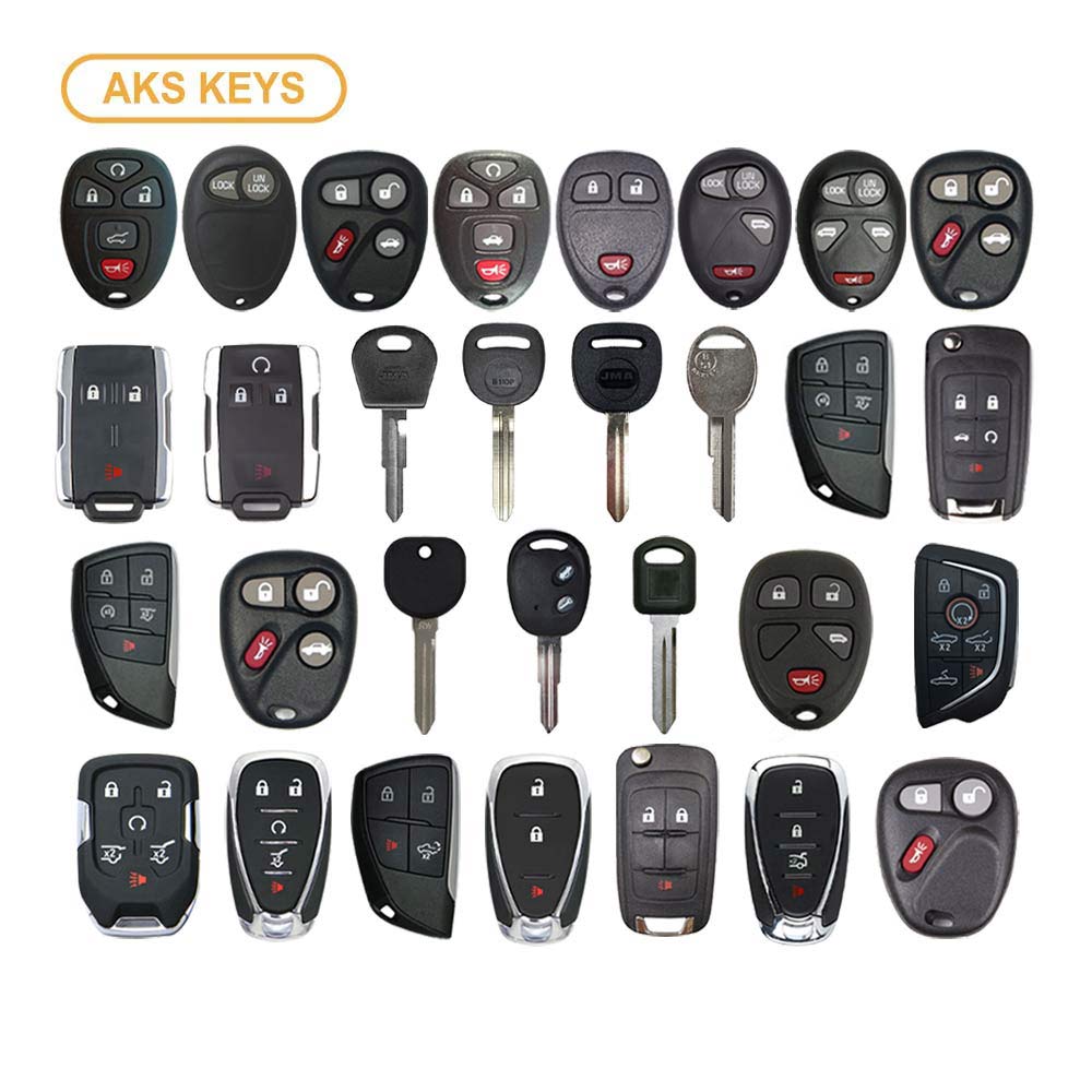 AKS KEYS Aftermarket Starter Pack with 30 Chevrolet Remotes, Shells, Key Blanks and Transponder Keys