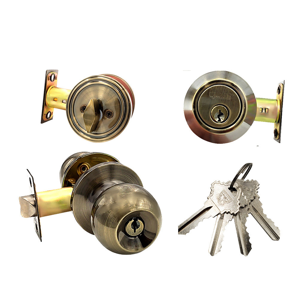 ECS HARDWARE - Durable Combo Lockset w/ Single Knob & Deadbolt - Entrance - Antique Bronze - Grade 3 (SC1)