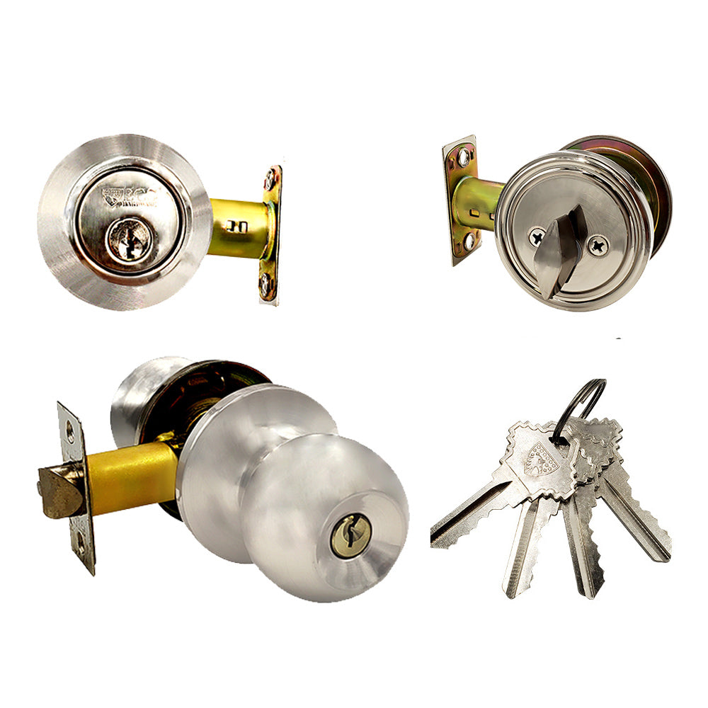 ECS HARDWARE - Durable Combo Lockset w/ Single Knob & Deadbolt - Entrance - Satin Nickle - Grade 3 (SC1)