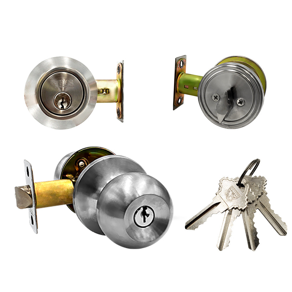 ECS HARDWARE - Durable Combo Lockset w/ Single Knob & Deadbolt - Entrance - Stainless Steel - Grade 3 (SC1)