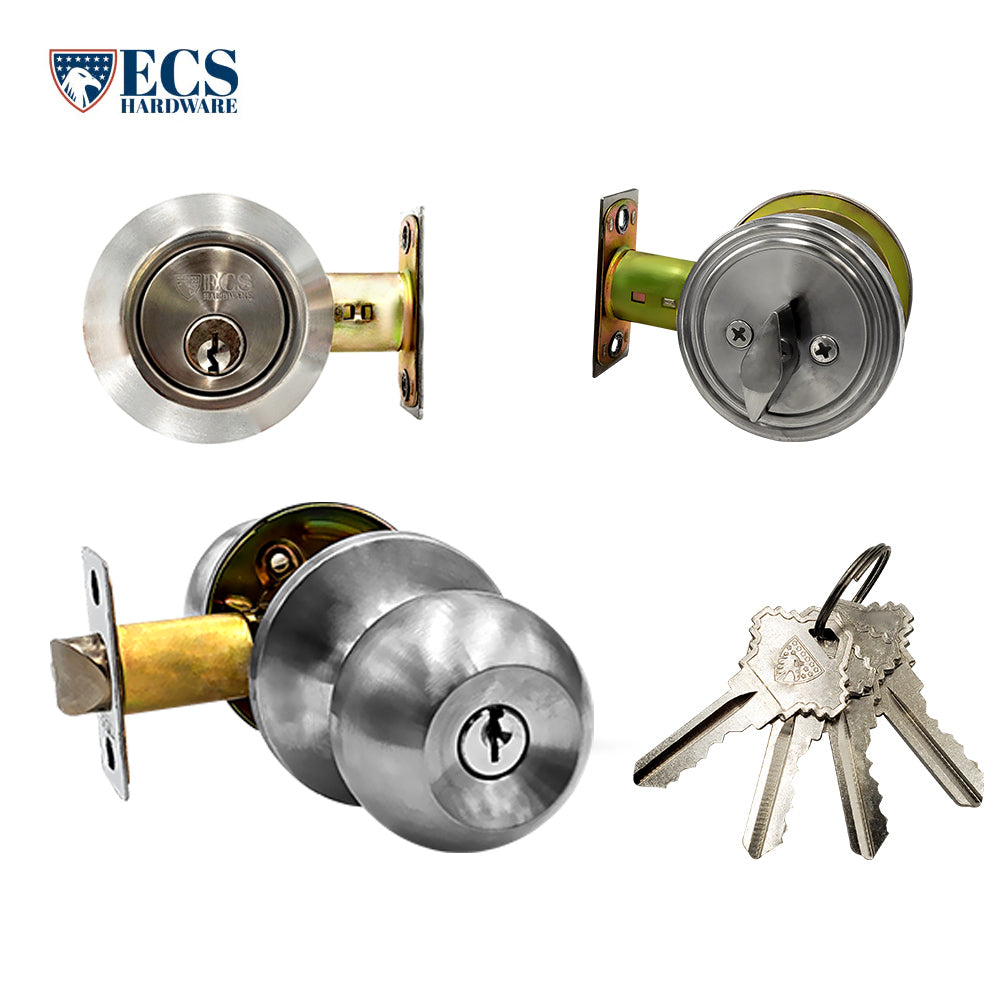 ECS HARDWARE - Durable Combo Lockset w/ Single Knob & Deadbolt - Entrance - Stainless Steel - Grade 3 (SC1)