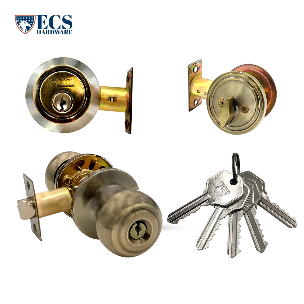 ECS HARDWARE - Durable Combo Lockset w/ Single Knob & Deadbolt - Entrance - Antique Bronze - Grade 3 (KW1)