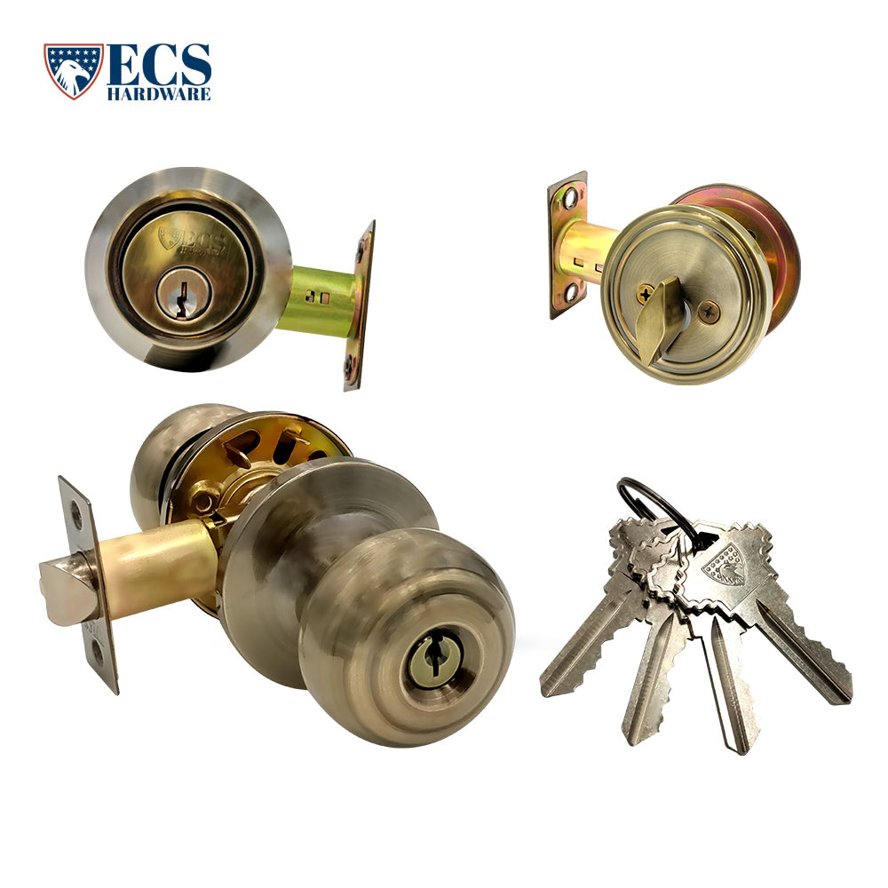 ECS HARDWARE - Durable Combo Lockset w/ Single Knob & Deadbolt - Entrance - Antique Bronze - Grade 3 (SC1)