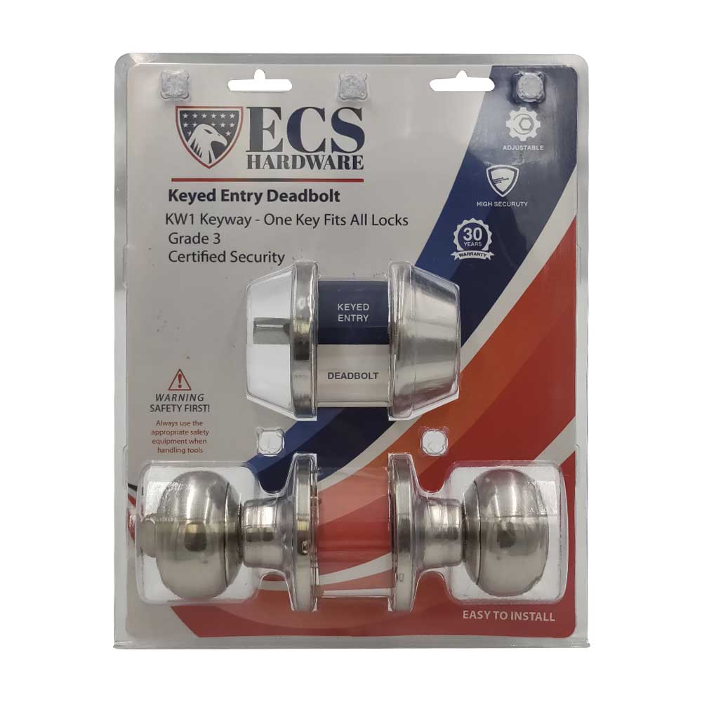 ECS HARDWARE - Durable Combo Lockset w/ Single Knob & Deadbolt - Entrance - Satin Nickle - Grade 3 (KW1)