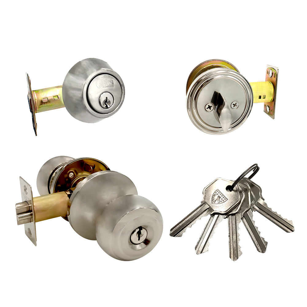 ECS HARDWARE - Durable Combo Lockset w/ Single Knob & Deadbolt - Entrance - Satin Nickle - Grade 3 (KW1)