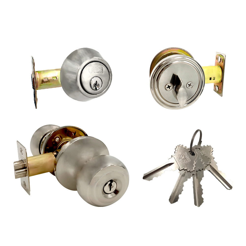 ECS HARDWARE - Durable Combo Lockset w/ Single Knob & Deadbolt - Entrance - Satin Nickle - Grade 3 (SC1)