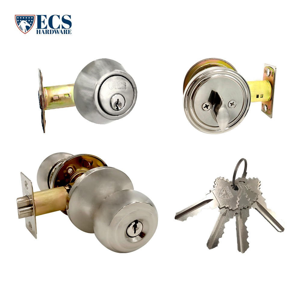 ECS HARDWARE - Durable Combo Lockset w/ Single Knob & Deadbolt - Entrance - Satin Nickle - Grade 3 (SC1)