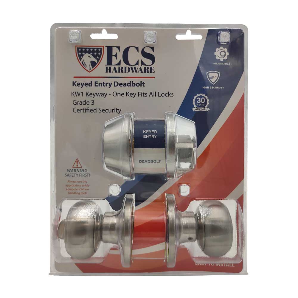 ECS HARDWARE - Durable Combo Lockset w/ Single Knob & Deadbolt - Entrance - Stainless Steel - Grade 3 (KW1)