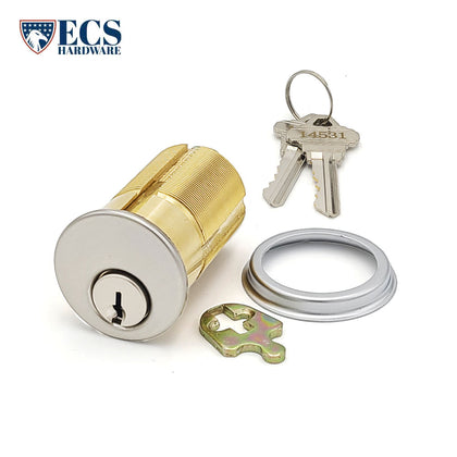 ECS HARDWARE - Durable Premium Mortise Cylinder - 2 Inch - Keyed Alike (KA10) with Ring - Schlage SC1 Keyway - US26D - Satin Chromium Plated (626)