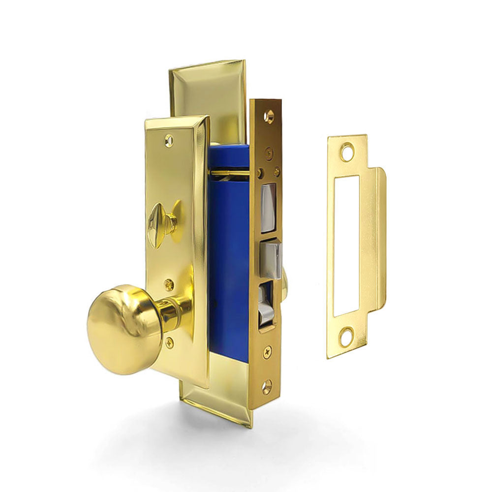 ECS HARDWARE - Durable Heavy Duty Mortise Knob Lock US3 Polished Brass - 2-1/2" Backset Entrance - Right Handed