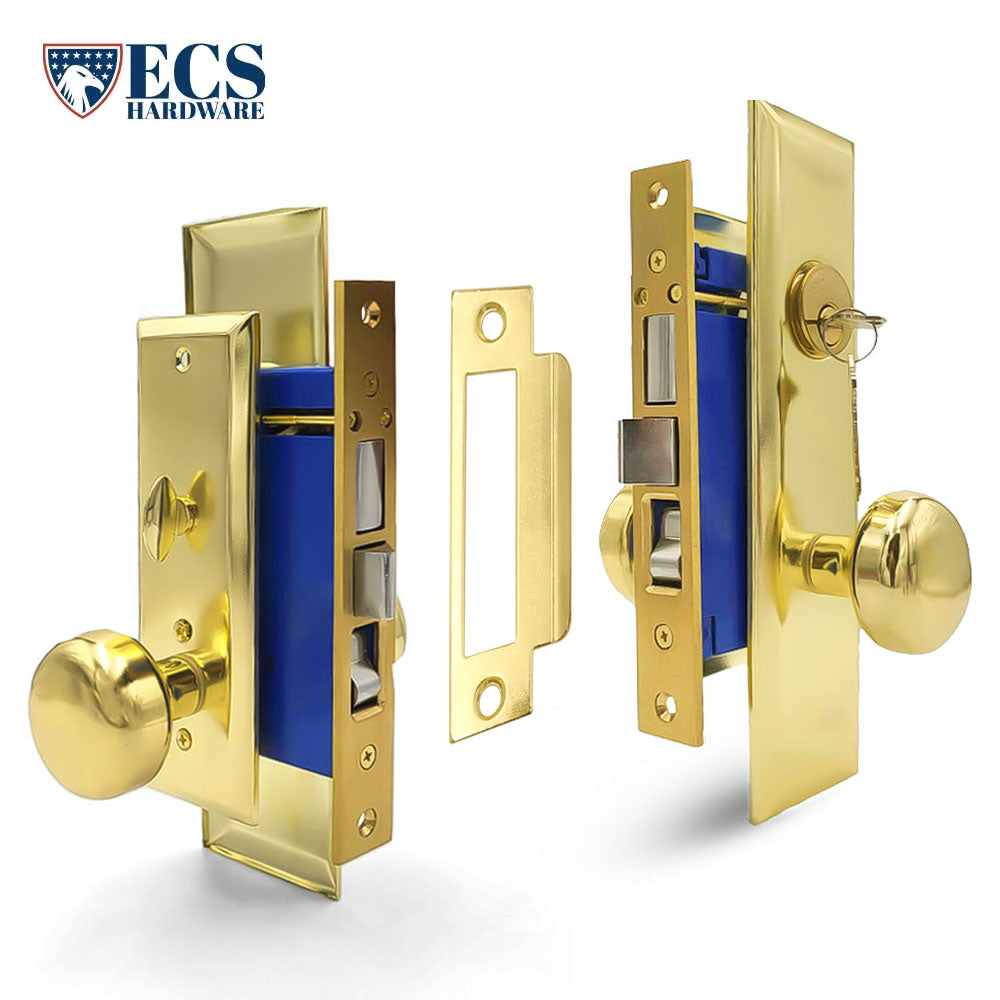 ECS HARDWARE - Durable Heavy Duty Mortise Knob Lock US3 Polished Brass - 2-1/2" Backset Entrance - Right Handed