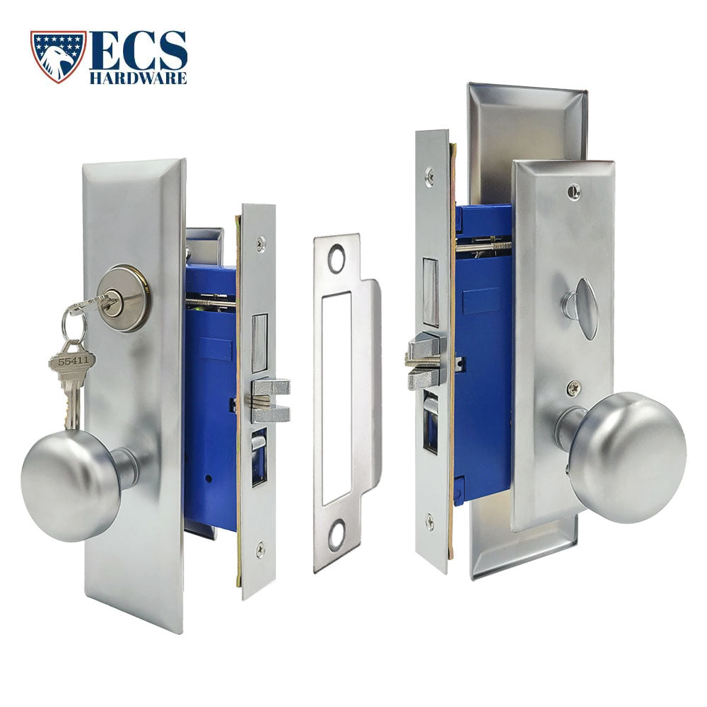 ECS HARDWARE - Durable Heavy Duty Mortise Knob Lock 26D Satin Chrome - 2-3/4" Larger Backset - Left Handed