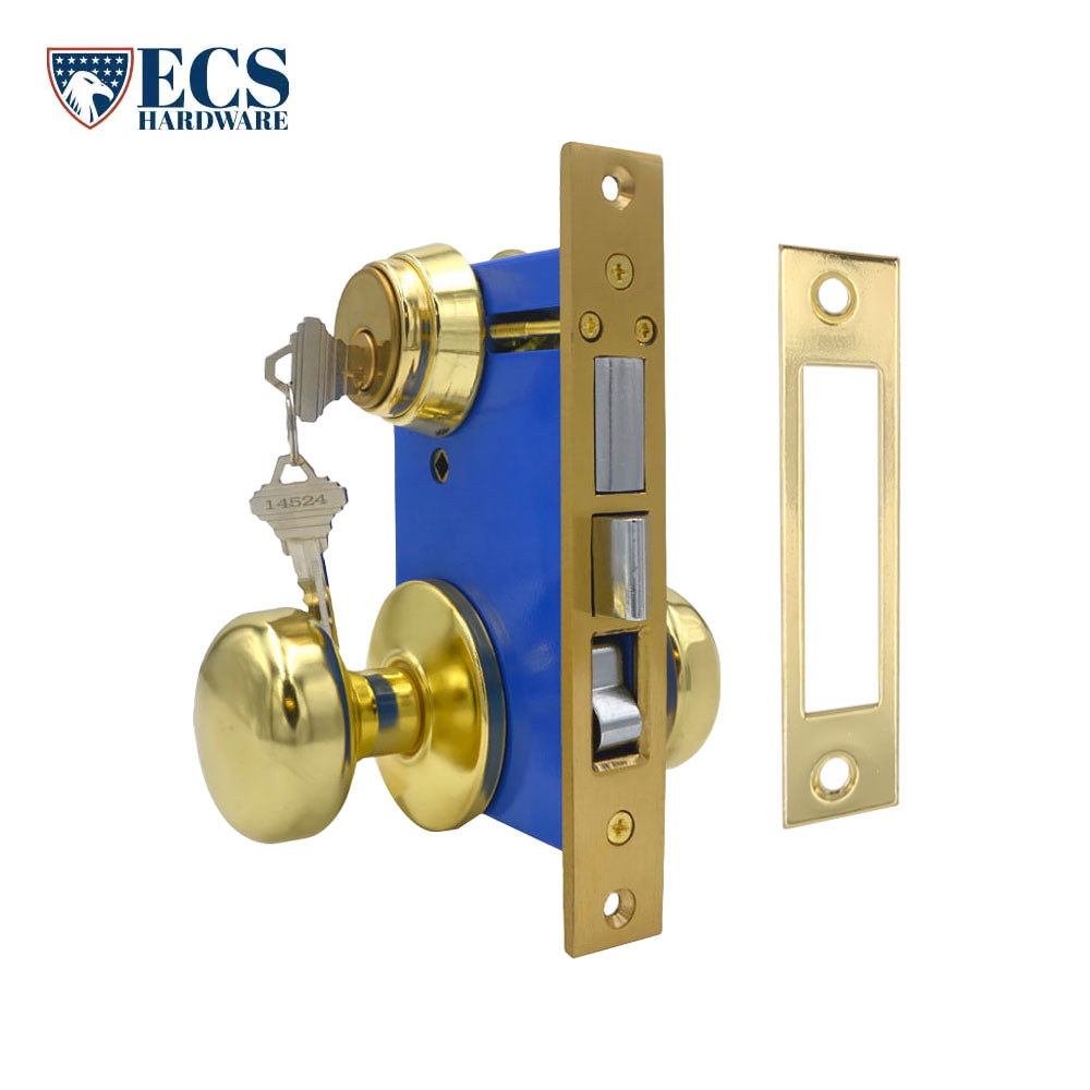 ECS HARDWARE - Durable Mortise Lockset Gate Lock with Knob US3 Gold SC1 Keyway - Double Sided - Right Handed