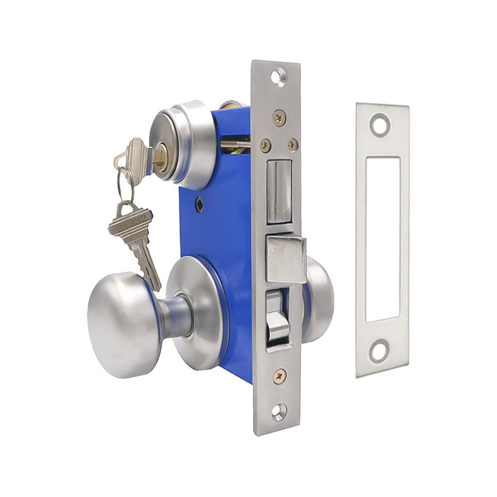 ECS HARDWARE - Durable Mortise Lockset Gate Lock with Knob US26D Silver SC1 Keyway - Double Sided - Right Handed