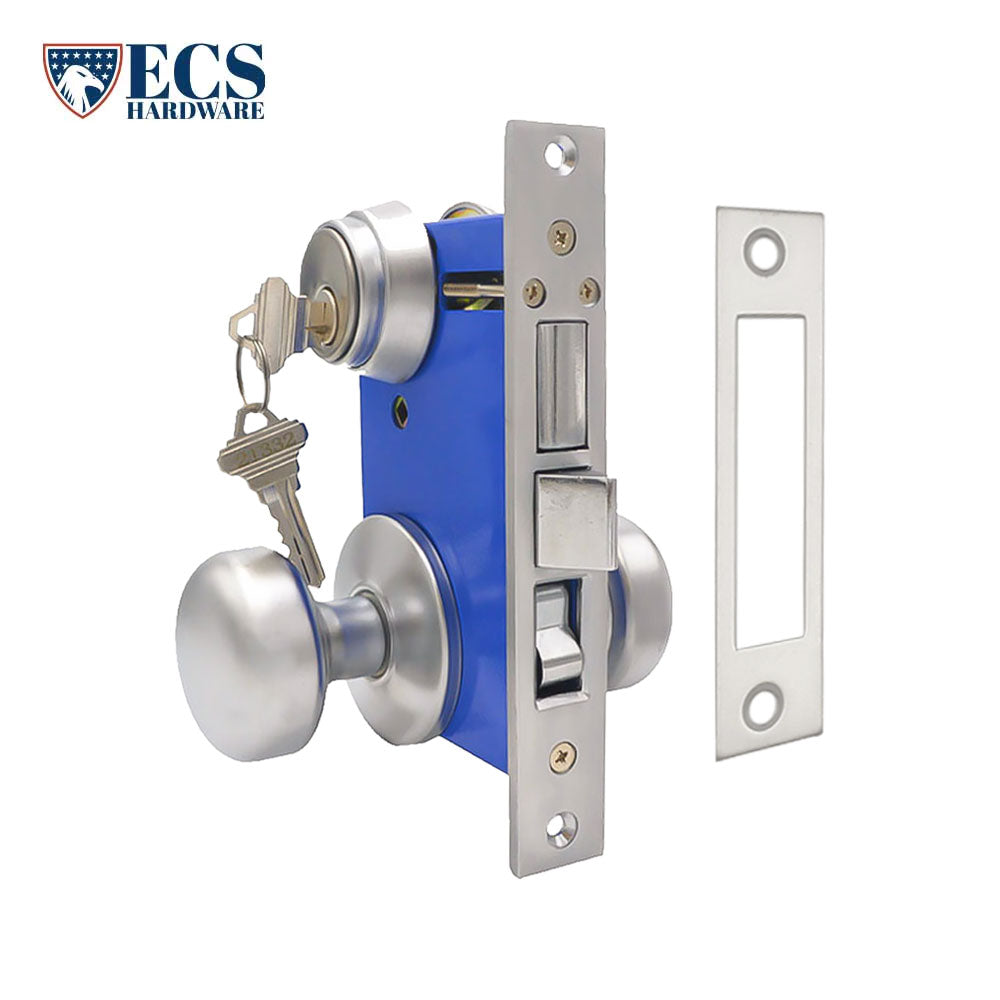 ECS HARDWARE - Durable Mortise Lockset Gate Lock with Knob US26D Silver SC1 Keyway - Double Sided - Right Handed