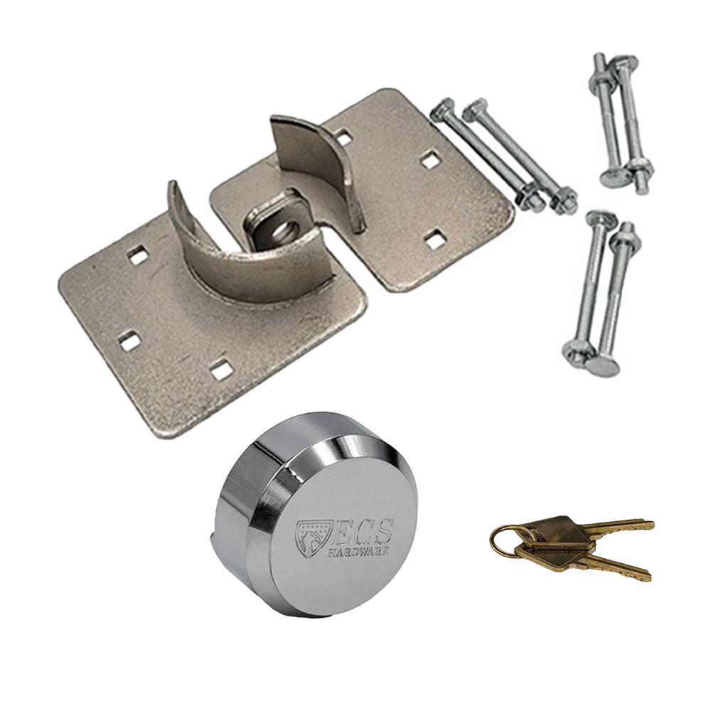 ECS HARDWARE - Stainless Steel Hidden-Shackle Keyed Alike#1 Puck-Style Lock and Nickel Plated Round Hockey Puck Lock 8 1/4" Hasp