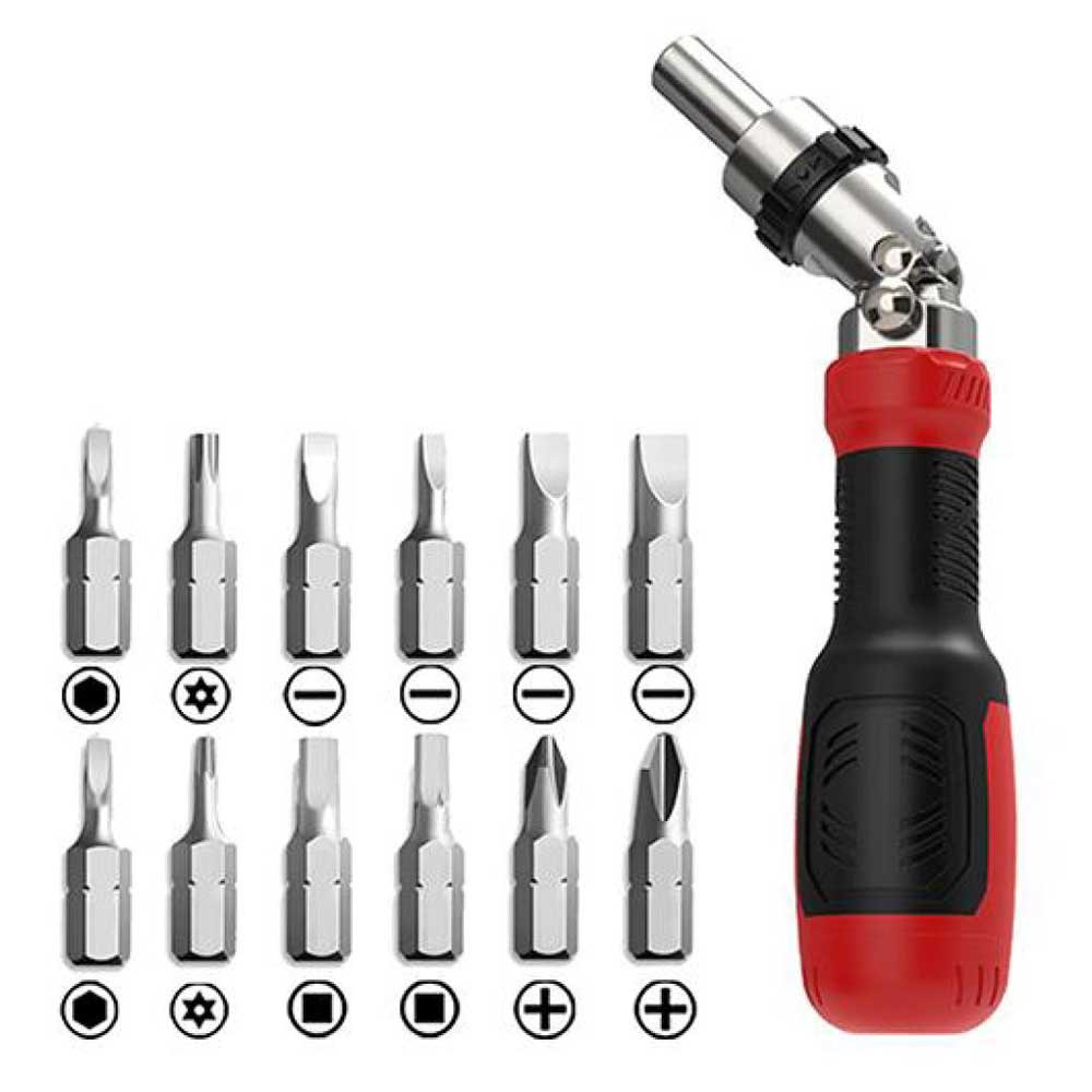 ECS TOOLS - MT-9013D - 13 in 1 Universal Ratchet 180 Degree Rotation Maintenance Hand Tool with 12 Chrome Vanadium Steel Bits