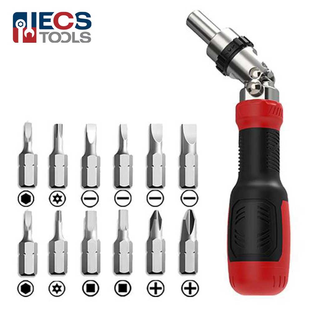 ECS TOOLS - MT-9013D - 13 in 1 Universal Ratchet 180 Degree Rotation Maintenance Hand Tool with 12 Chrome Vanadium Steel Bits