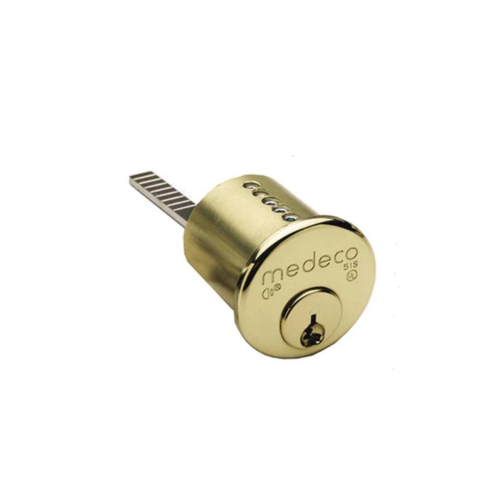 Medeco - 100400HT-05-DLT-Y02 - Rim Cylinder Medeco with 6-Pin DL Keyway and 1-1/8 - CT-Y02 Horizontal Tailpiece - 05 (Bright Brass)