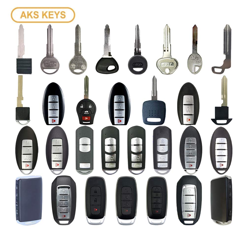 AKS KEYS Aftermarket Starter Pack with 30 Nissan Mazda Infiniti Remotes, Shells, Key Blanks, Blades and Transponder Keys