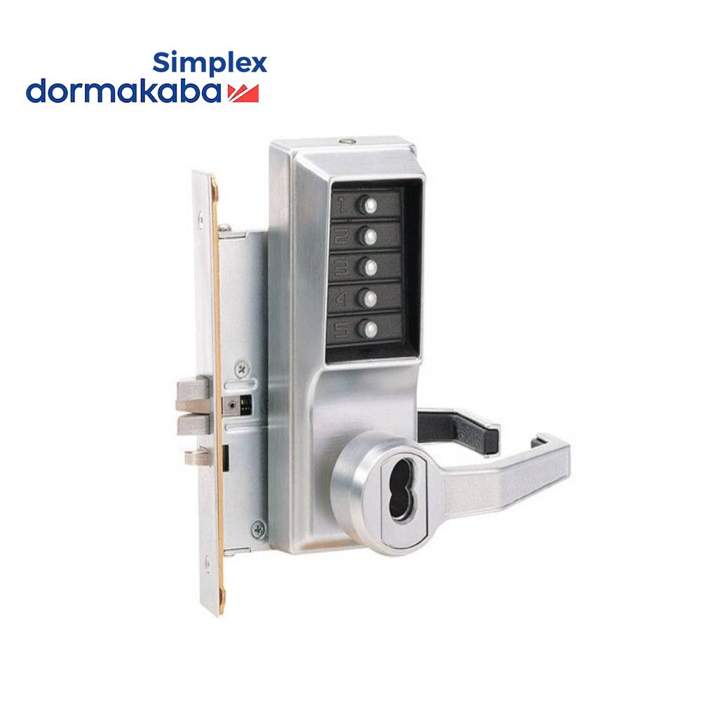 Simplex - R8148B - Mechanical Pushbutton Mortise Combination Lever Lock with Deadbolt - Passage/Lockout - 6/7-Pin SFIC Prep - 26D (Satin Chrome)