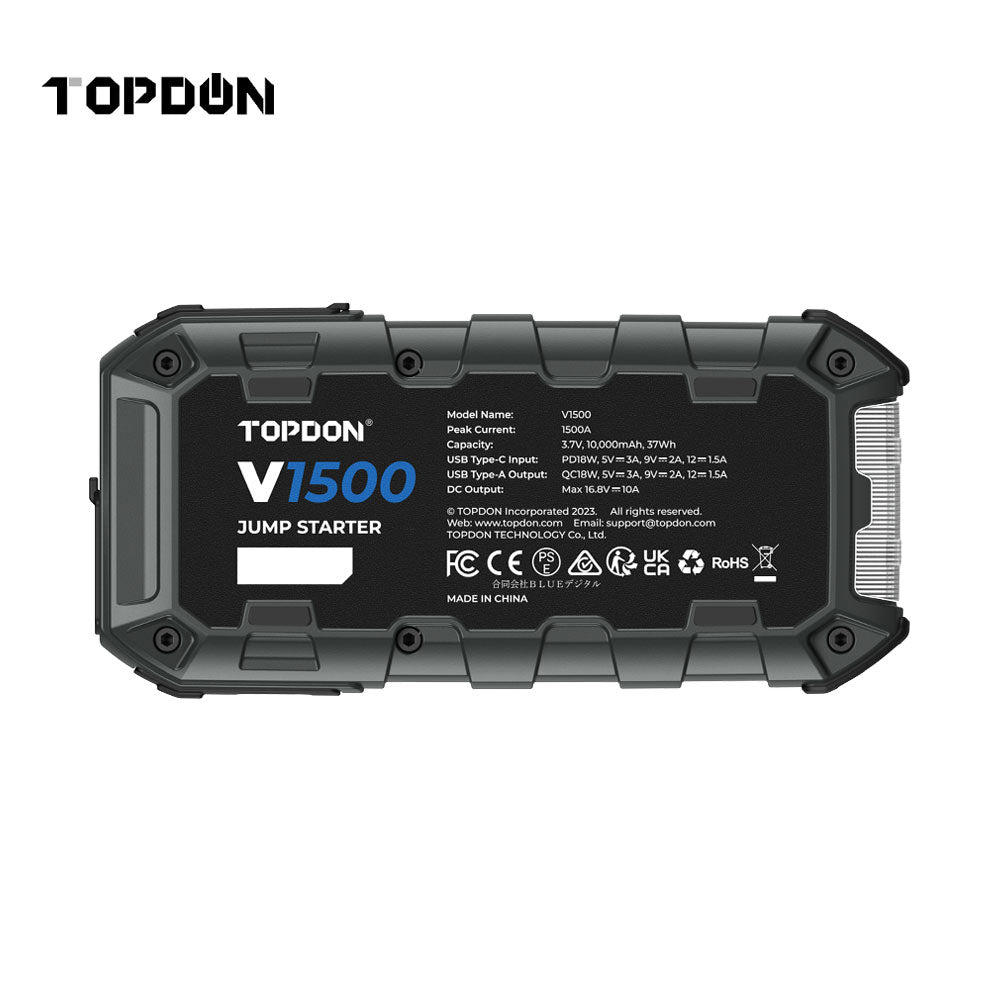 TOPDON V1500 Jump Starter and Booster with Power Bank and Flashlight for 12V Battery Vehicles