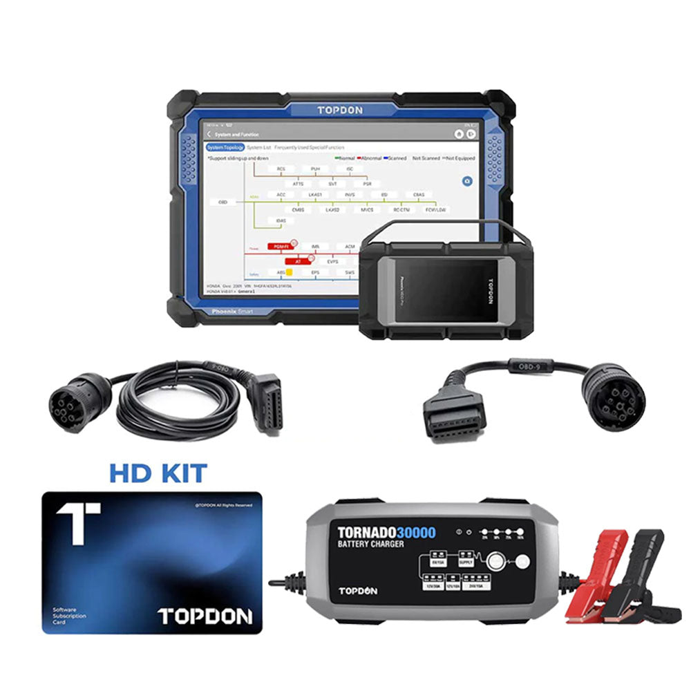 TOPDON Phoenix Smart Intelligent Diagnostic Scanner with Heavy Duty Cables and TORNADO 30000