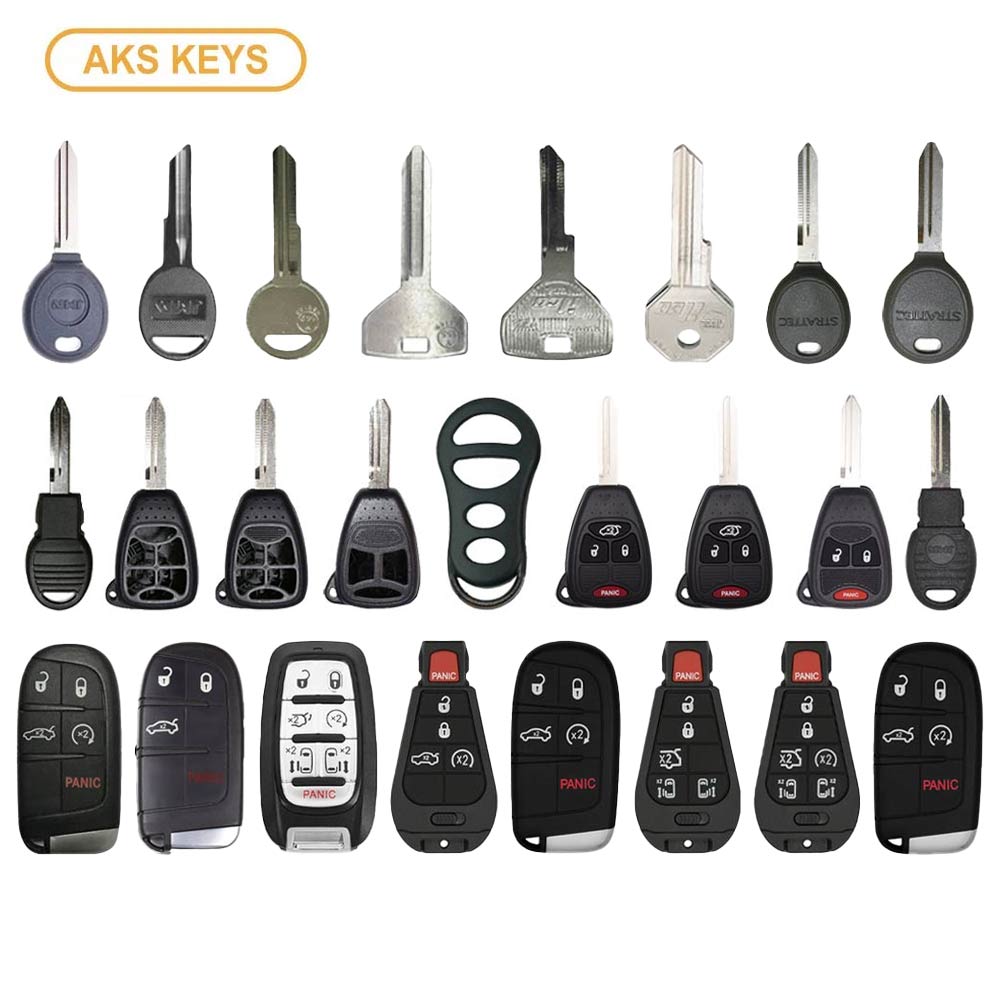 AKS KEYS Aftermarket Starter Pack with 25 Chrysler Remotes, Shells, Key Blanks and Transponder Keys