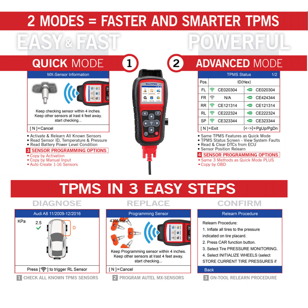 Autel MaxiTPMS TS508 Kit with 8 MX-1 Sensors and 4 Interchangeable Aluminum Valves