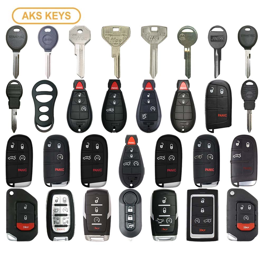 AKS KEYS Aftermarket Starter Pack with 30 Dodge Jeep Chrysler Remotes, Shells, Key Blanks and Transponder Keys