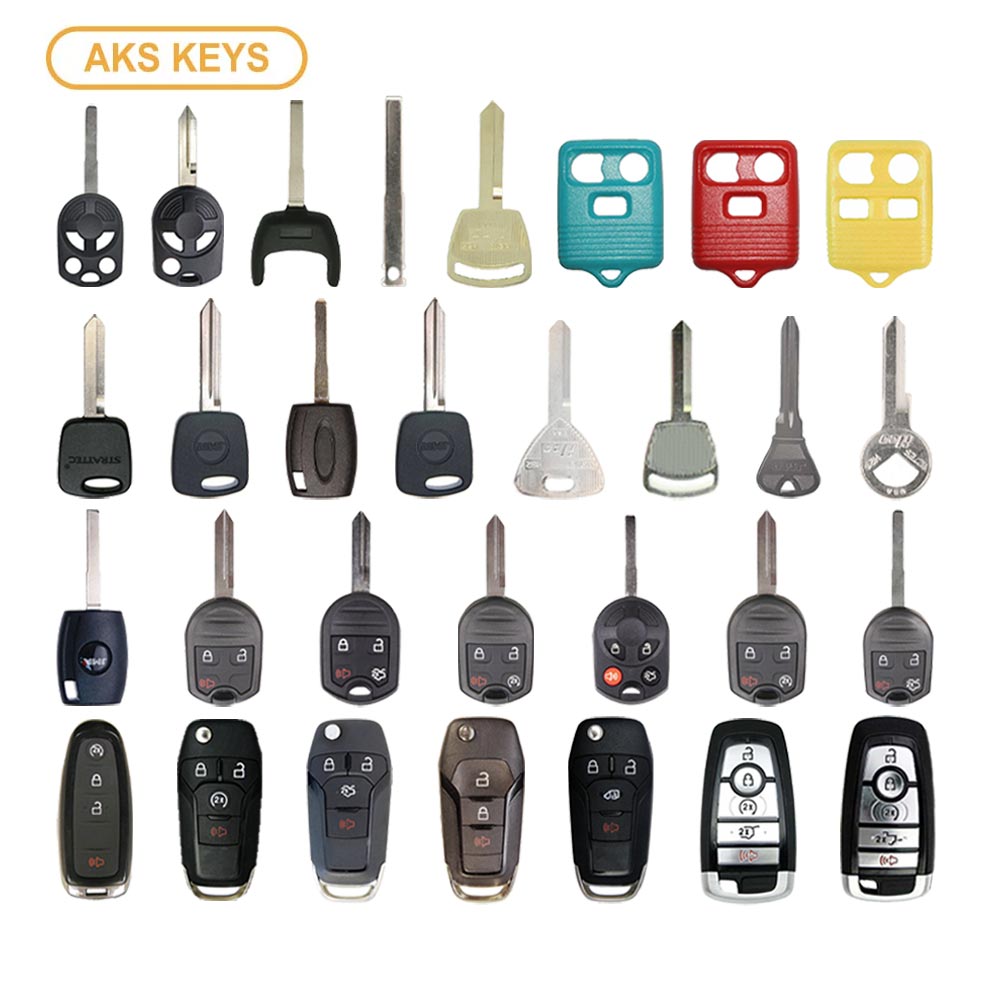 AKS KEYS Aftermarket Starter Pack with 30 Ford Remotes, Shells, Key Blanks, Blades and Transponder Keys