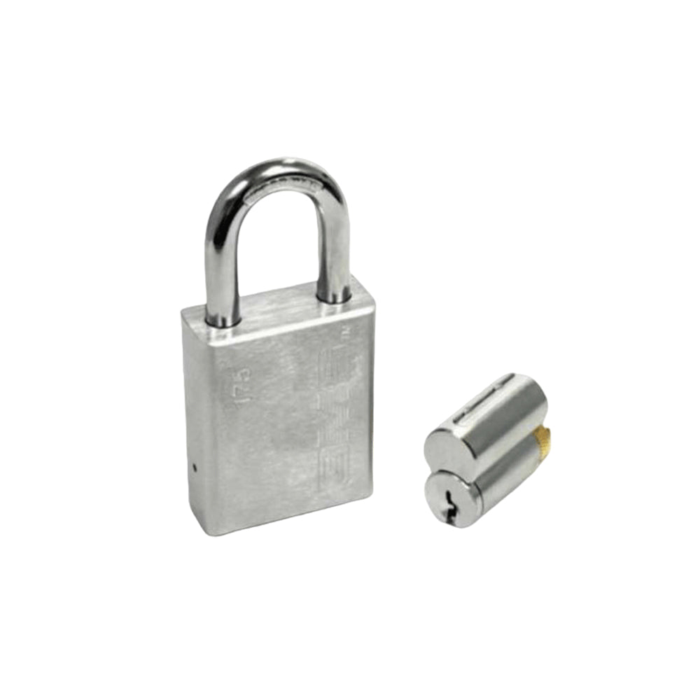 GMS P175 Standard Padlock w/ Rekeyable Cylinder - 1-3/4 Body - 2 Shackle Length - Kwikset - KW1 Keyway - US26D Satin Chrome - OB Keying