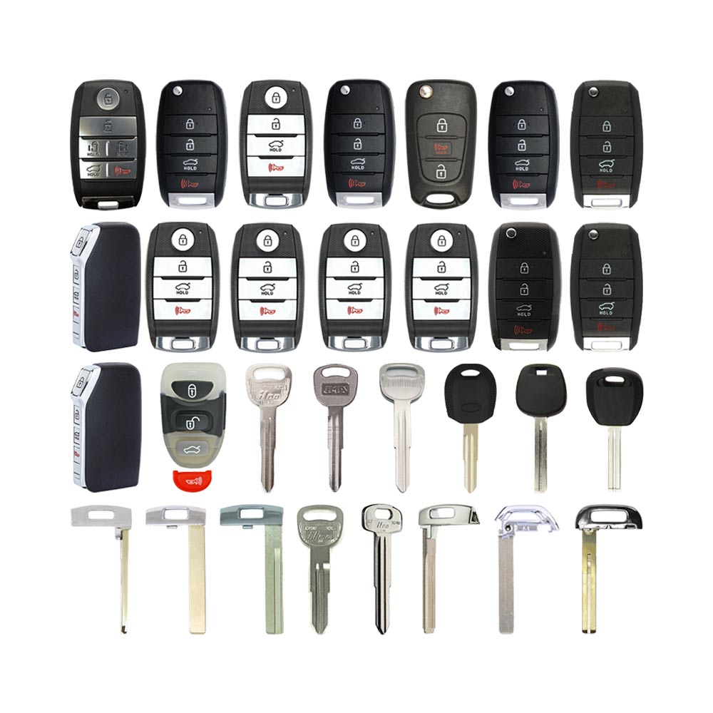 AKS KEYS Aftermarket Starter Pack with 30 Kia Remotes, Shells, Key Blanks, Blades and Transponder Keys