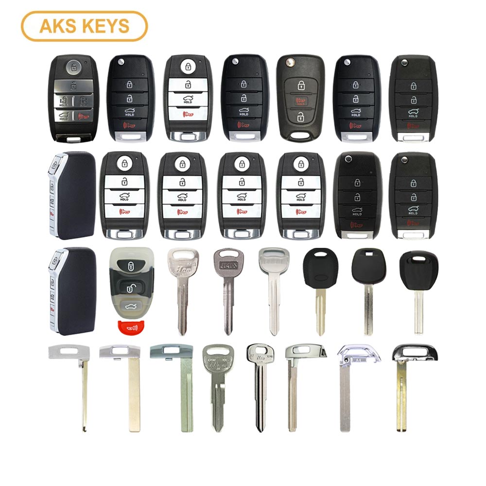 AKS KEYS Aftermarket Starter Pack with 30 Kia Remotes, Shells, Key Blanks, Blades and Transponder Keys