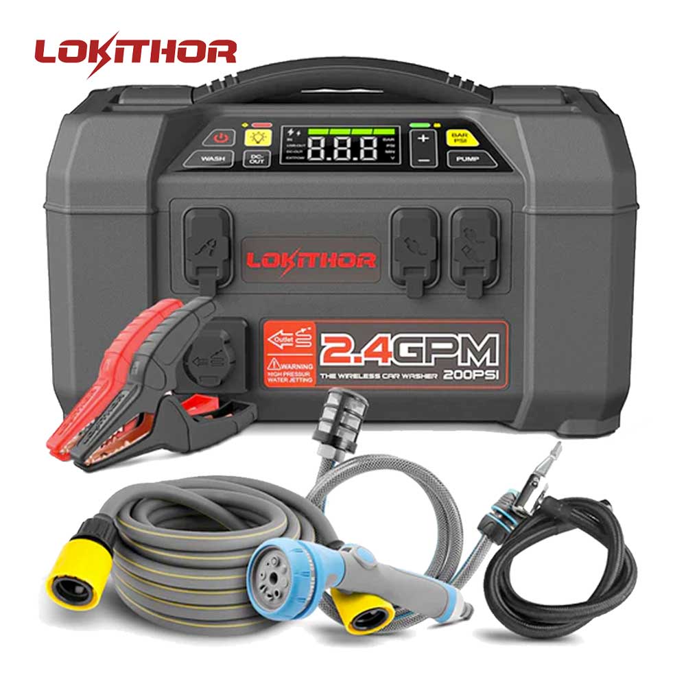 LOKITHOR AW401 1.5 MPA Cordless Portable Pressure Washer Kit / 2500 Peak Car Battery Booster Jump Starter with Car Washer