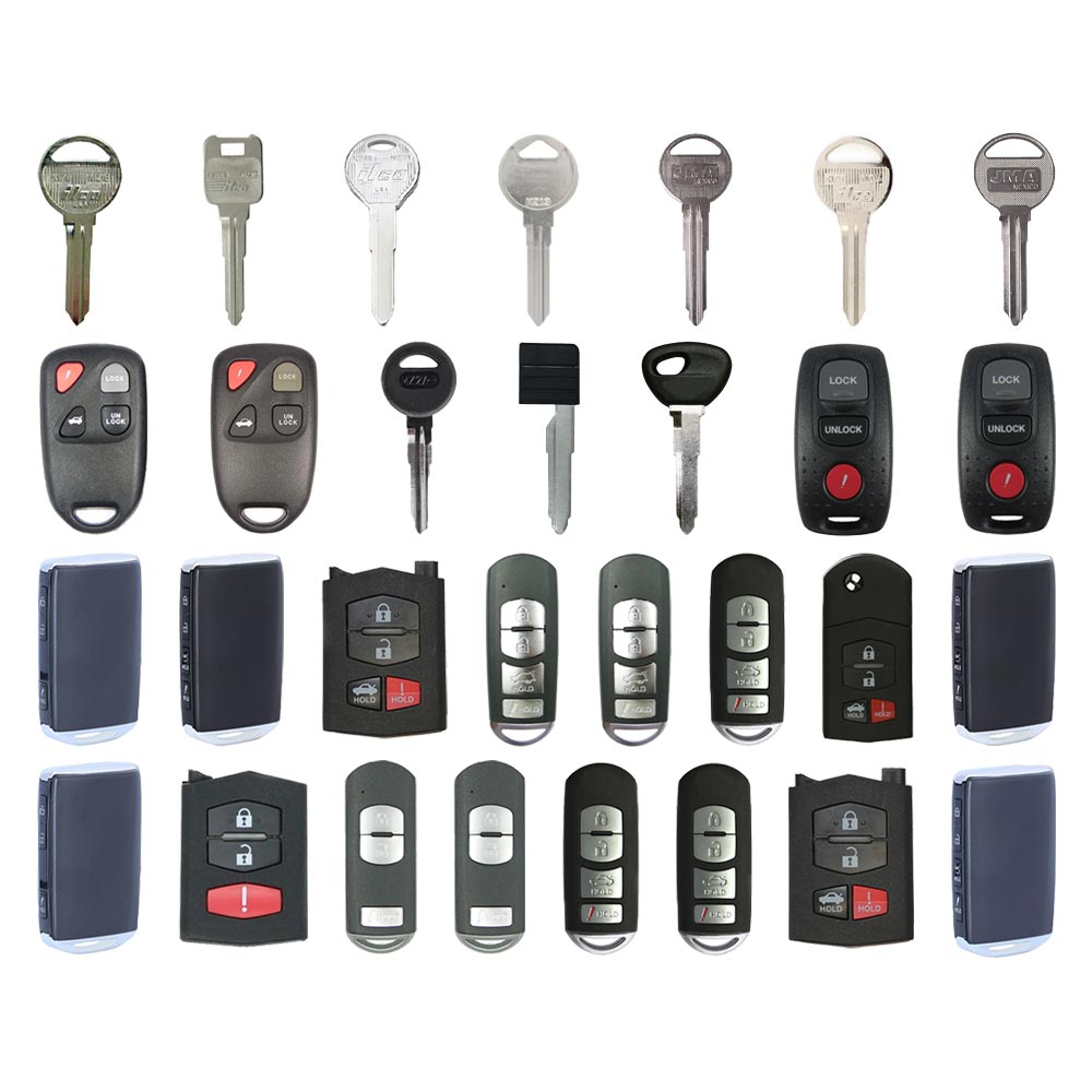 AKS KEYS Aftermarket Starter Pack with 30 Mazda Remotes, Shells, Key Blanks, Blades and Transponder Keys