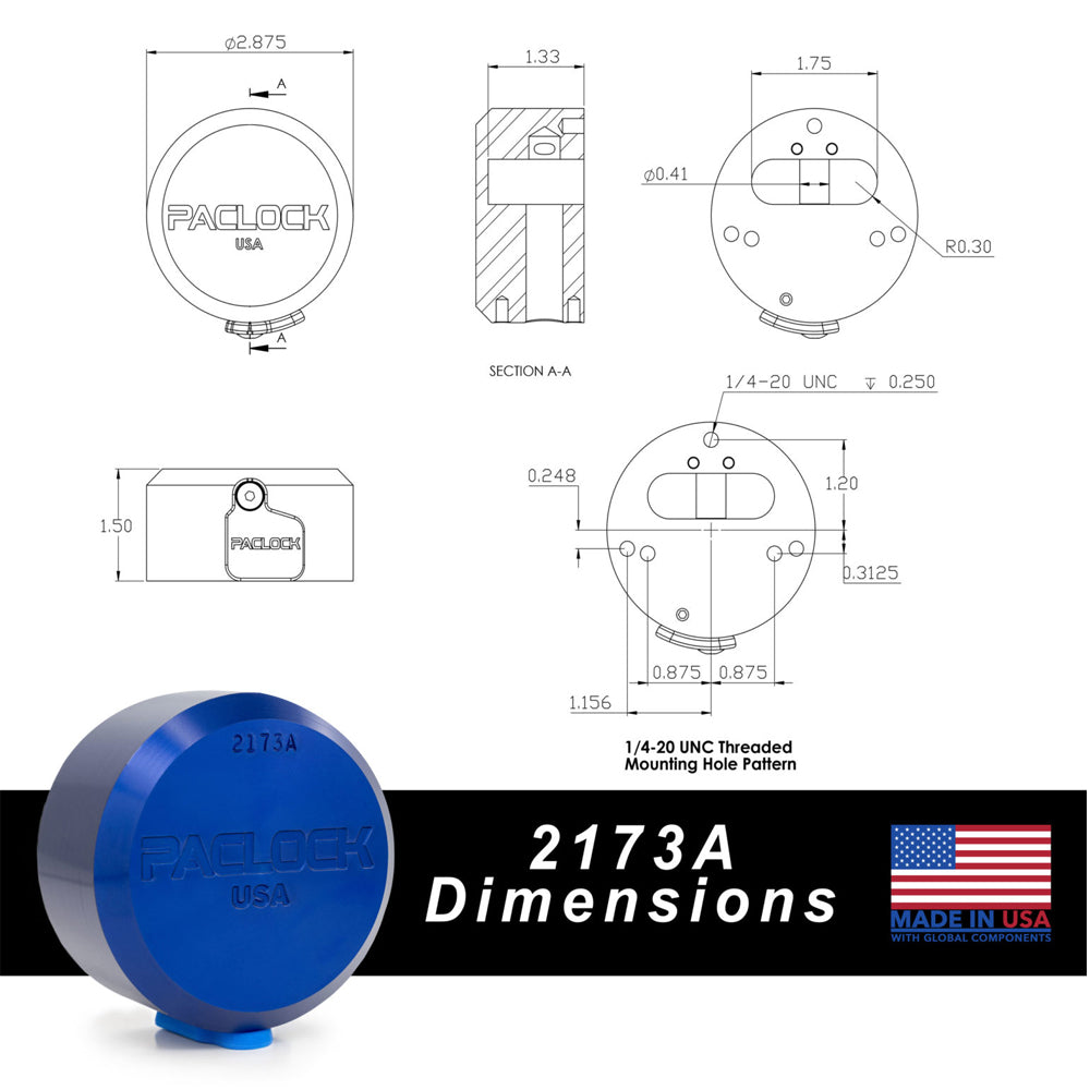 PACLOCK Hidden-Shackle Aluminum Flat Back Hockey-Puck-Style Lock â€œ2173A Series