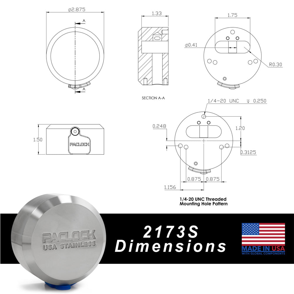 PACLOCK Hidden-Shackle Stainless Steel Flat Back Hockey-Puck-Style Lock â€œ2173S Series