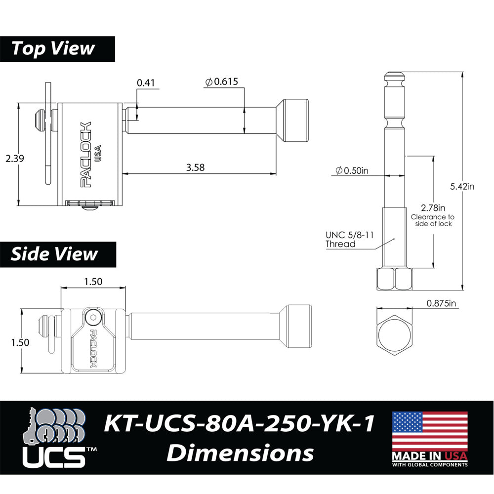 PACLOCK Locking Hitch Pin Kit for 2″, 2.5″, 3″ and Yakima Bike Racks “KT-UCS-80A-250-YK-1” Series