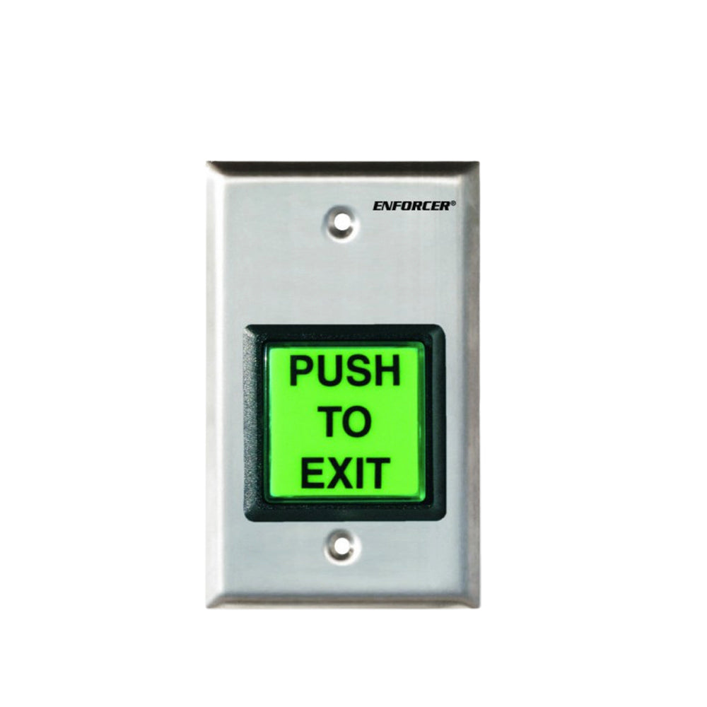 SECO-LARM SD-7202GC-PEQ LED Illuminated RTE Single-gang Wall Plate w Large Green Button, 12~24 VDC, stainless-steel