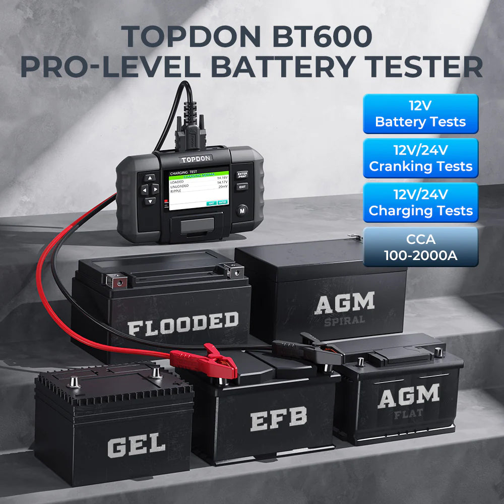 TOPDON BT 600 - Advanced Battery Tester for 12V and 24V Systems - With a 3.5 Inches Color Screen