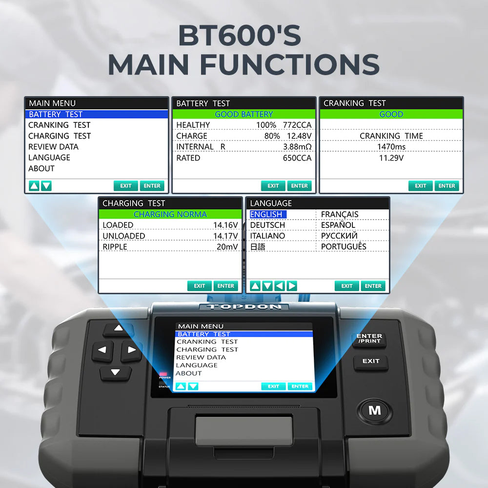 TOPDON BT 600 - Advanced Battery Tester for 12V and 24V Systems - With a 3.5 Inches Color Screen