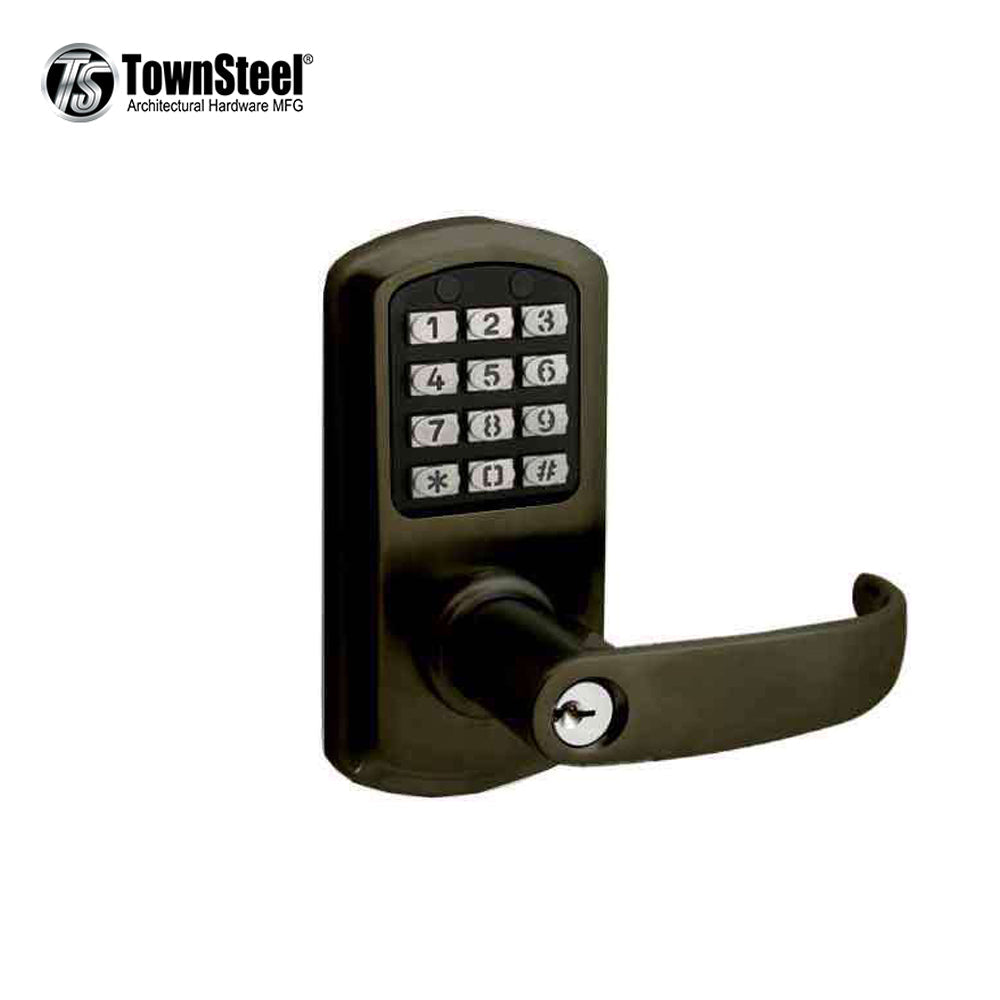 TownSteel - e-Elite 2000 Series - Electronic Push Button Lever Set - 2-3/4â€³ Backset - Rigid Lever Set - Oil Rubbed Bronze - Key Override - Grade 1 - EE21T-SRH622-SC