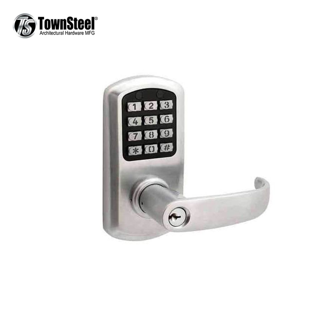 TownSteel - e-Elite 2000 Series - Electronic Push Button Lever Set - 2-3/8  Backset - Rigid Lever Set - Satin Chrome - Key Override - Grade 1Backset - Satin Chrome - Entrance / Office - Grade 1